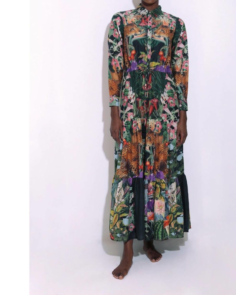Front of a model wearing a size L Natalie Long Sleeve Dress In Garden Leopards in Garden Leopards by CAROLINA K. | dia_product_style_image_id:357665